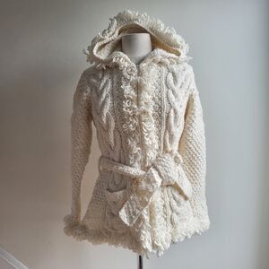 Hand Knit 100% Wool Chunky Cozy Cream Knit Hooded Cardigan Jacket Small Medium